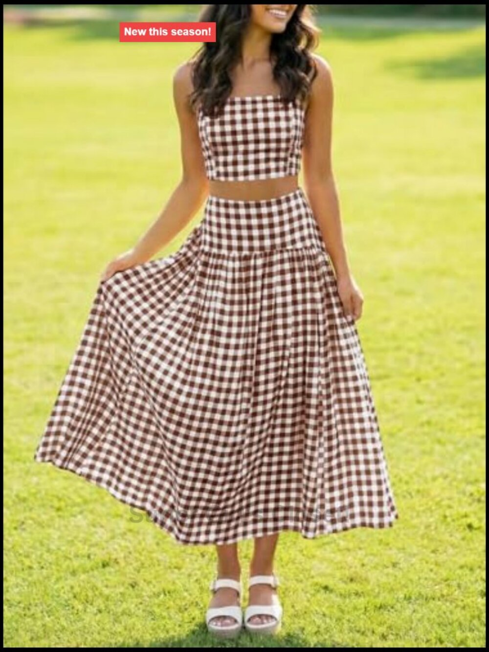 Women's 2-Piece Gingham Crop Top and Midi Skirt Set Summer Vacation Outfit - Picture 4 of 7